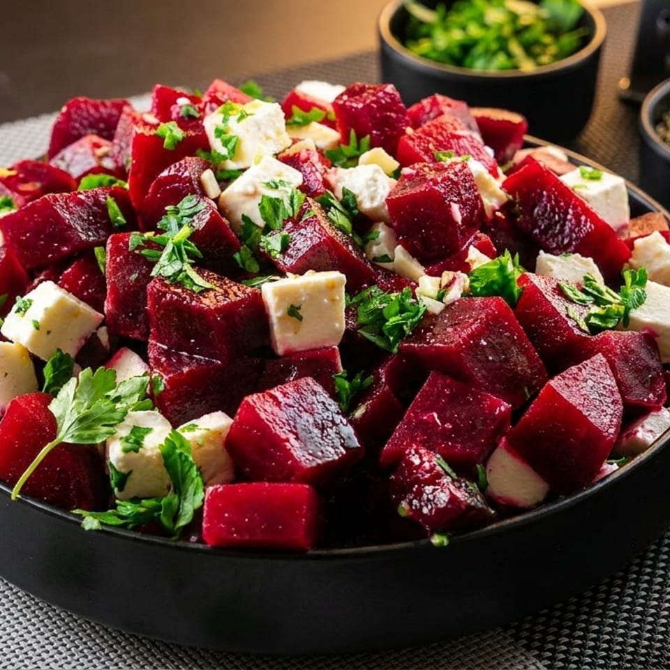 Close-up of a vibrant beet and feta salad, garnished with fresh parsley in a black bowl.