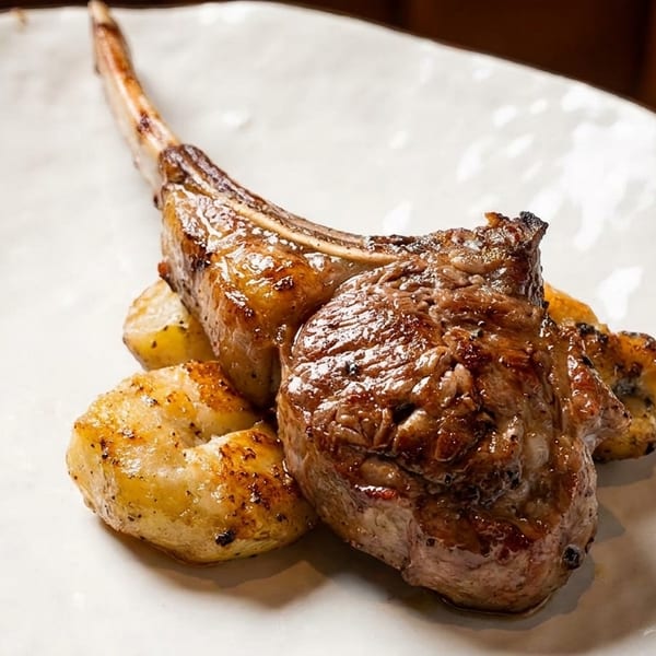 Two grilled lamb chops with roasted potatoes on a white, irregularly shaped plate.