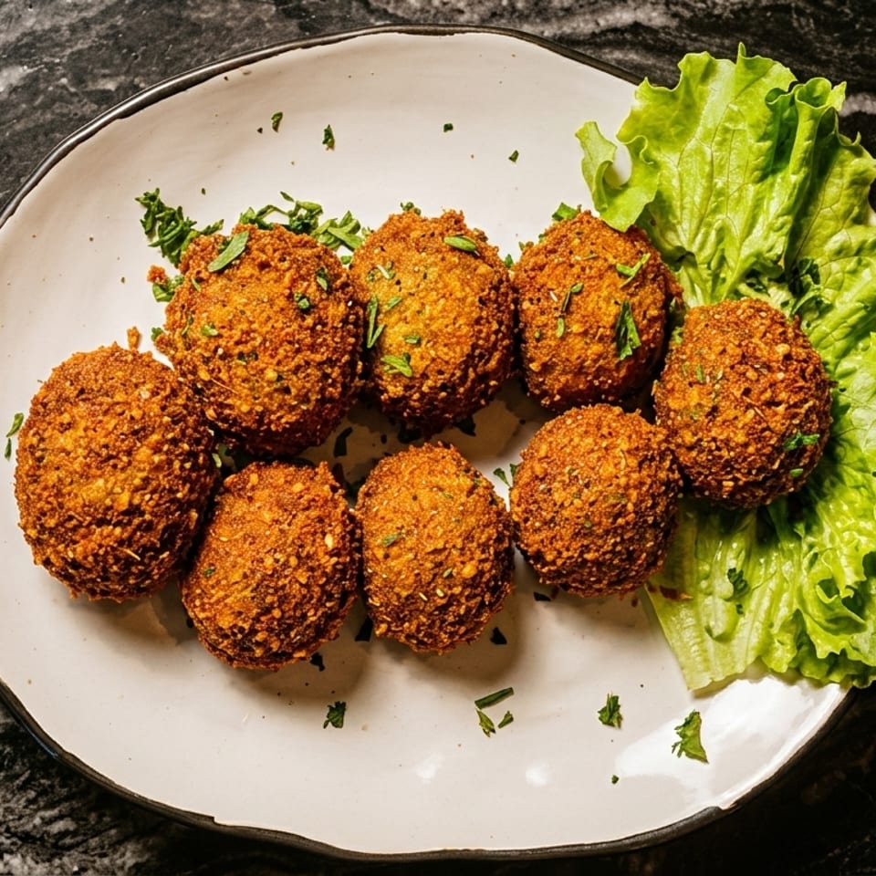 Eight golden-brown falafel balls with parsley and lettuce on a white plate, on a dark marble surface.