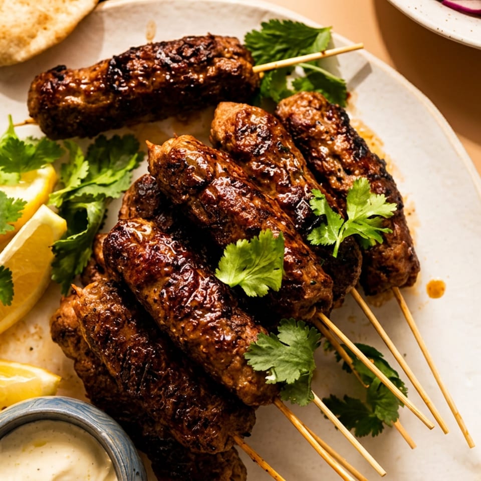 Grilled meat skewers with cilantro, lemon wedges, pita bread, and dipping sauce on a white plate.