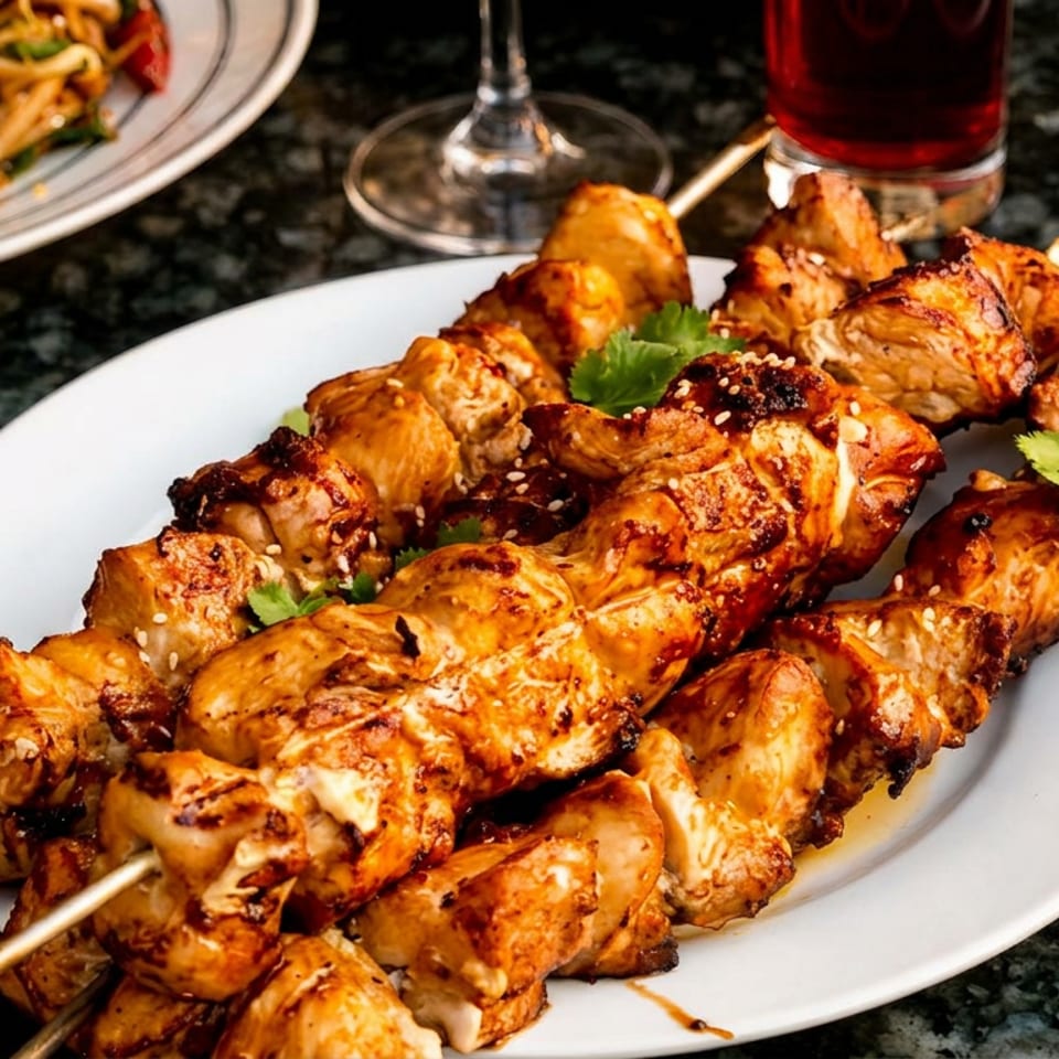 Grilled chicken skewers with sesame seeds and cilantro, alongside noodles and red wine.