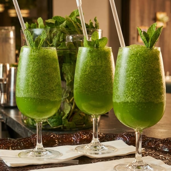 Three green frozen drinks with mint garnishes and straws on a bar tray.
