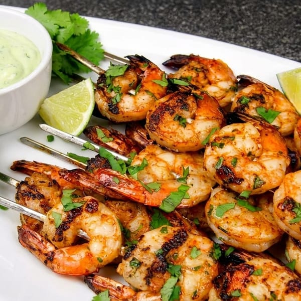 Grilled shrimp skewers with cilantro, lime wedges, and a side of creamy green dipping sauce.