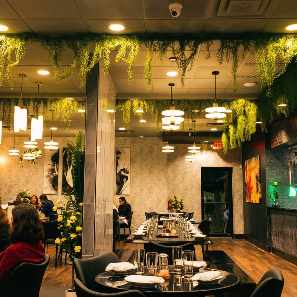 A modern restaurant interior with hanging greenery, warm lighting, diners, and an open kitchen.