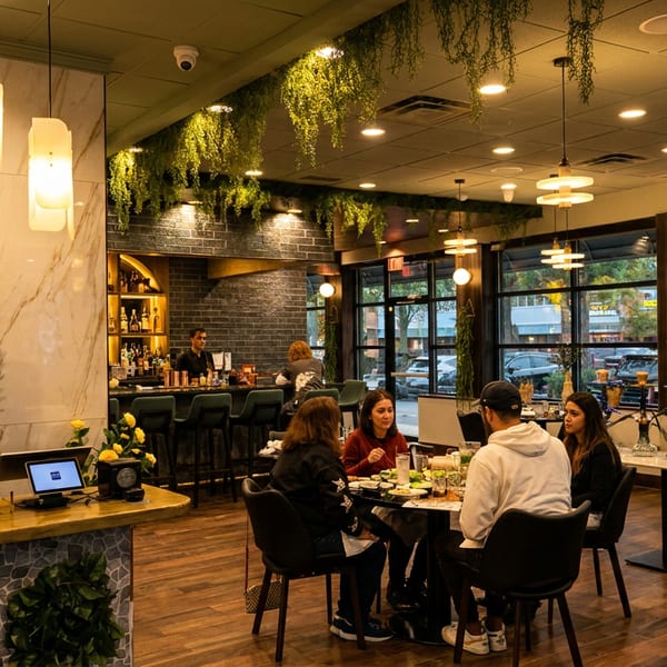 Diners seated at tables in a modern restaurant with a bar, lush hanging plants, and large windows.