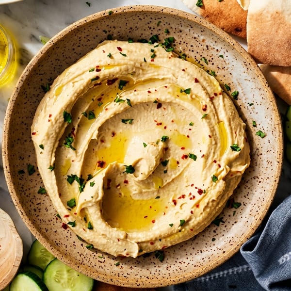 Creamy hummus drizzled with olive oil, garnished with parsley and red pepper flakes, served with pita and cucumbers.