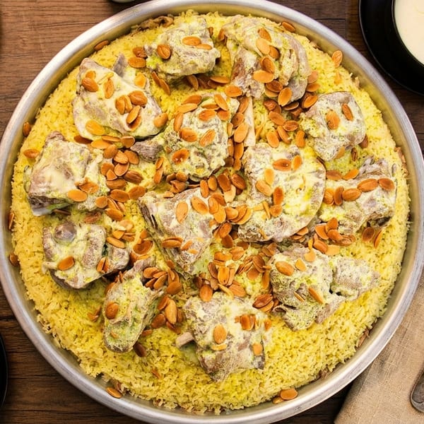 Large platter of yellow rice topped with meat in creamy sauce and toasted almonds.