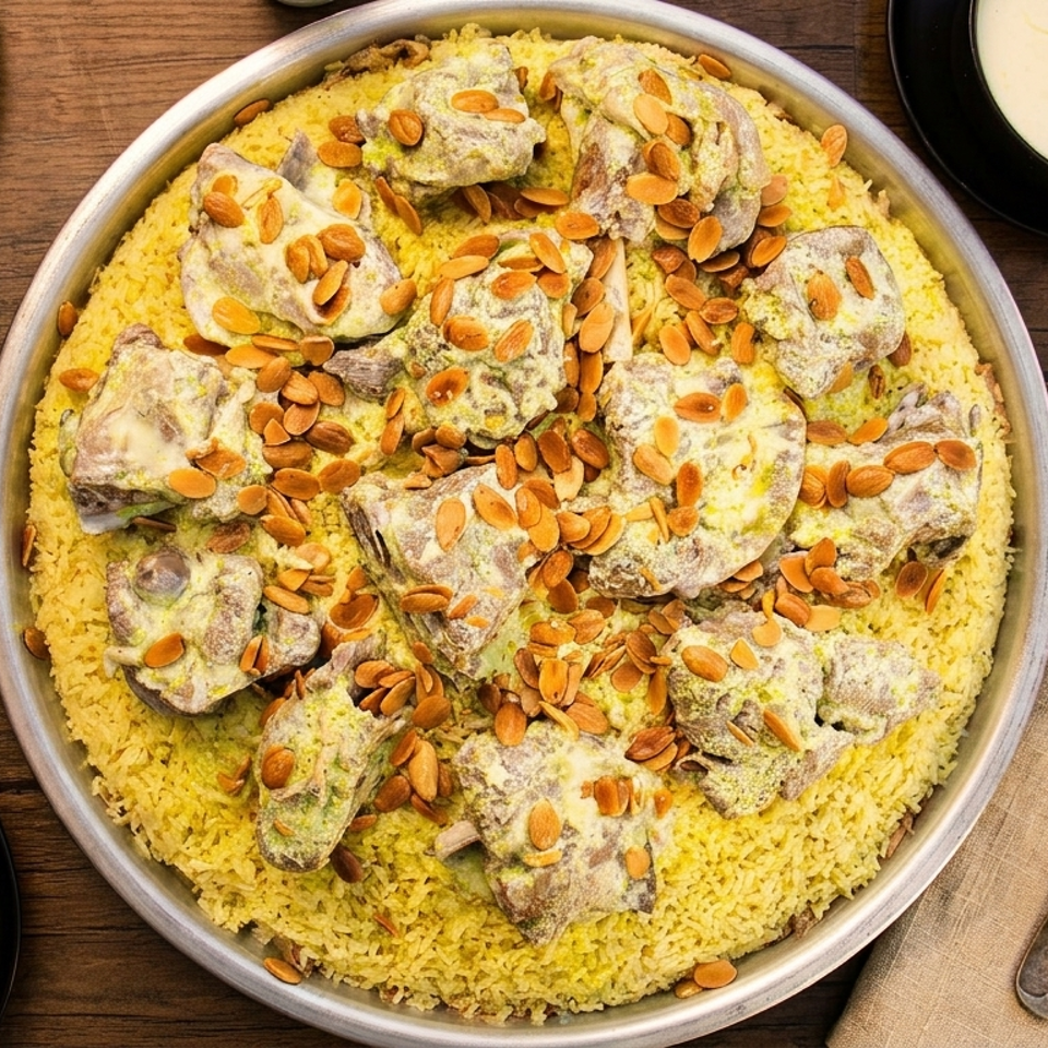 Large platter of yellow rice topped with meat in creamy sauce and toasted almonds.